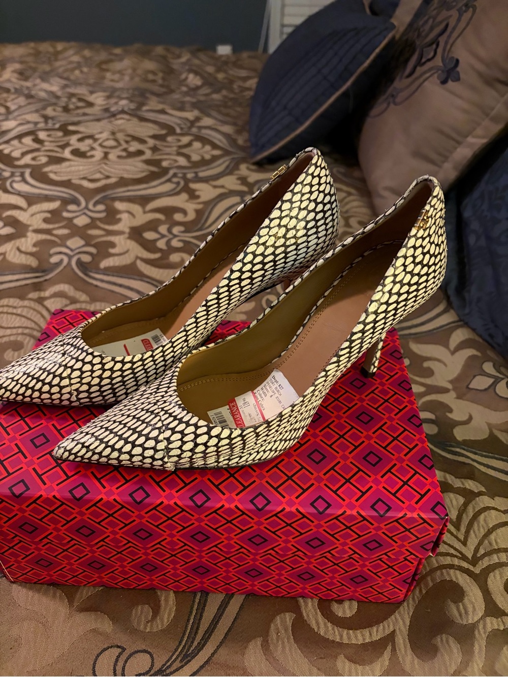Tory Burch Black and White Snakeskin-Pattern Pointed Toe Pumps